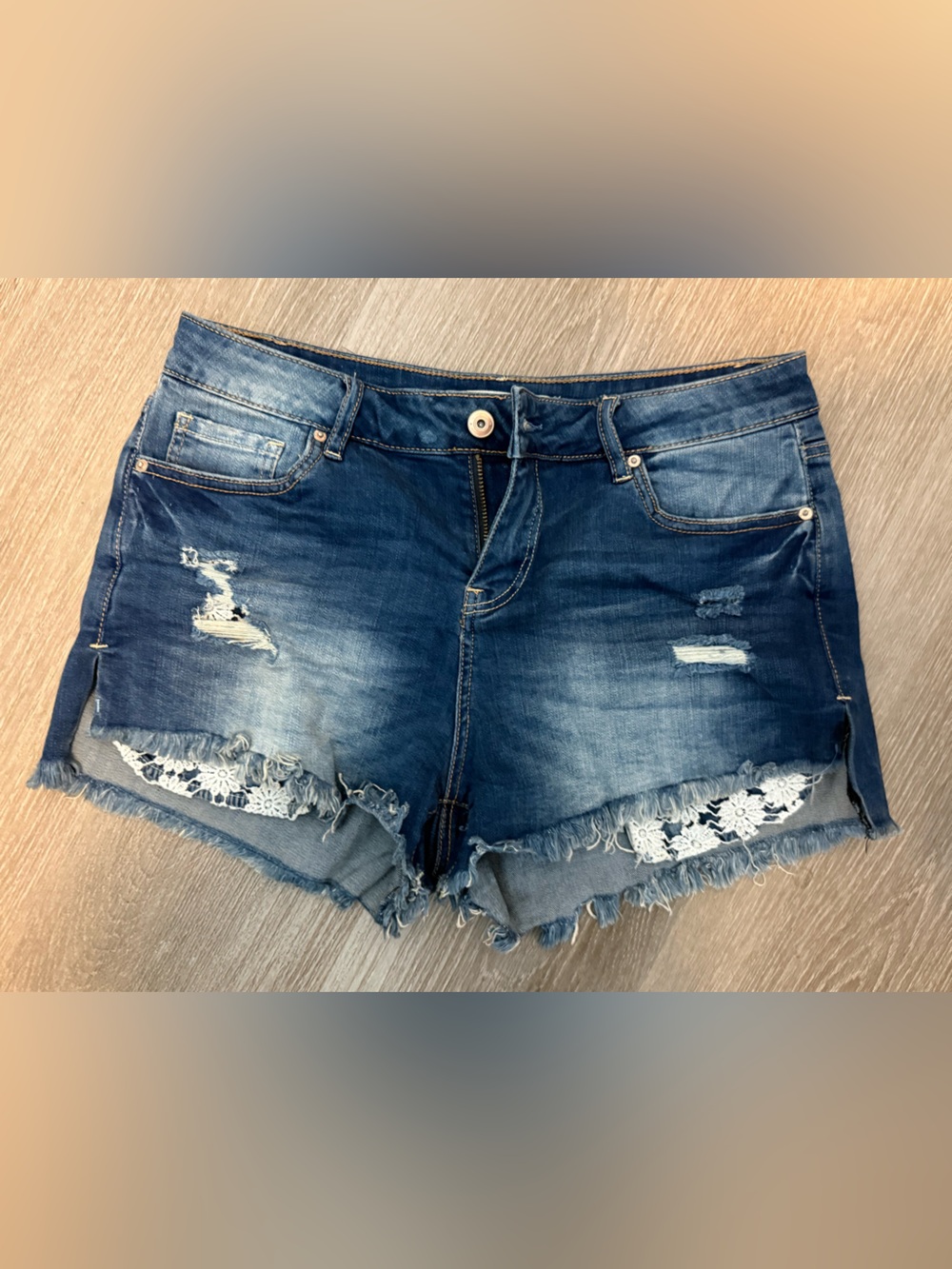 AMERICAN RAG Distressed Blue Denim Shorts with Lace Insets